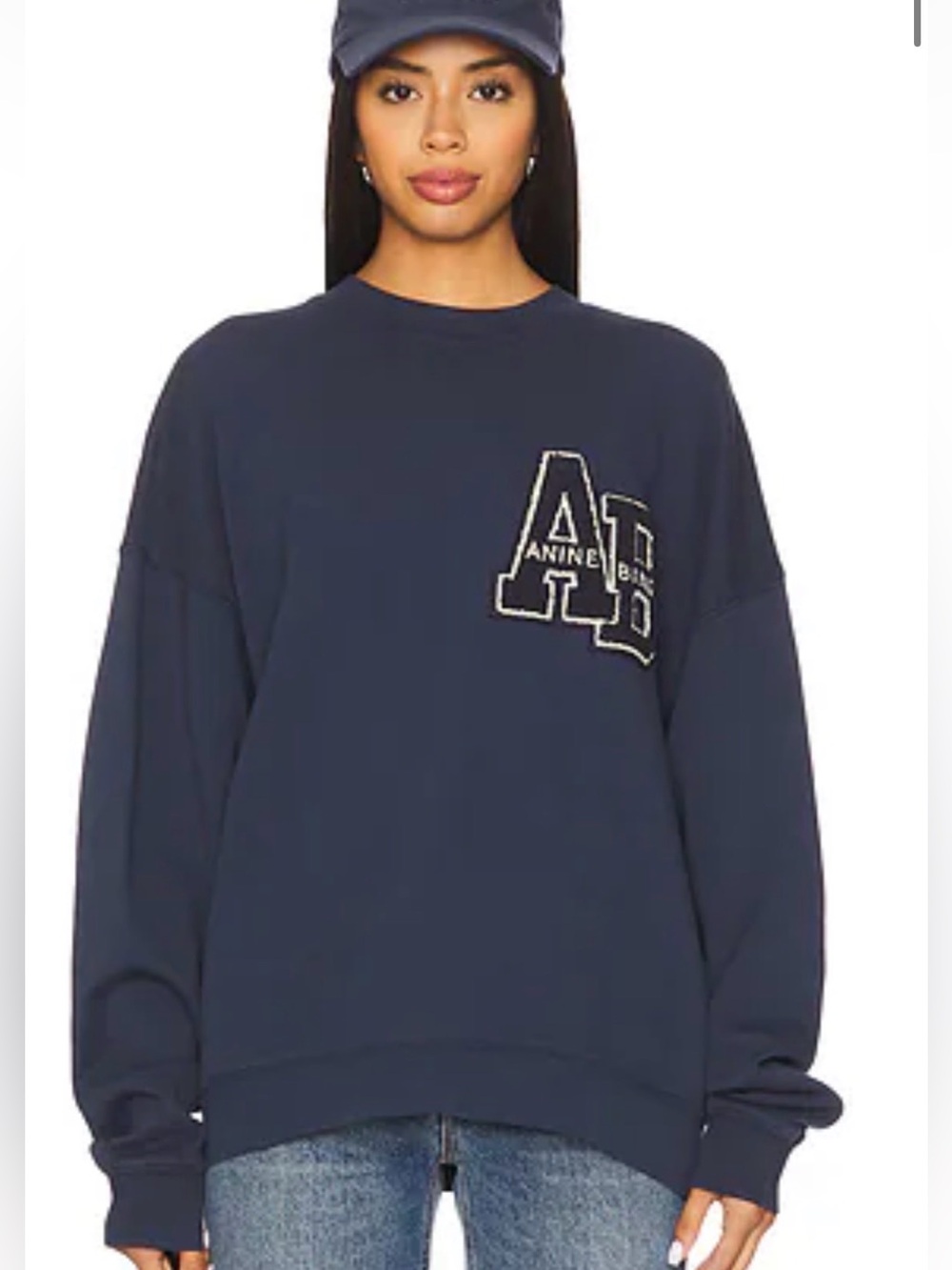 ANINE BING Miles Oversized Sweatshirt Letterman in Washed Navy Size L